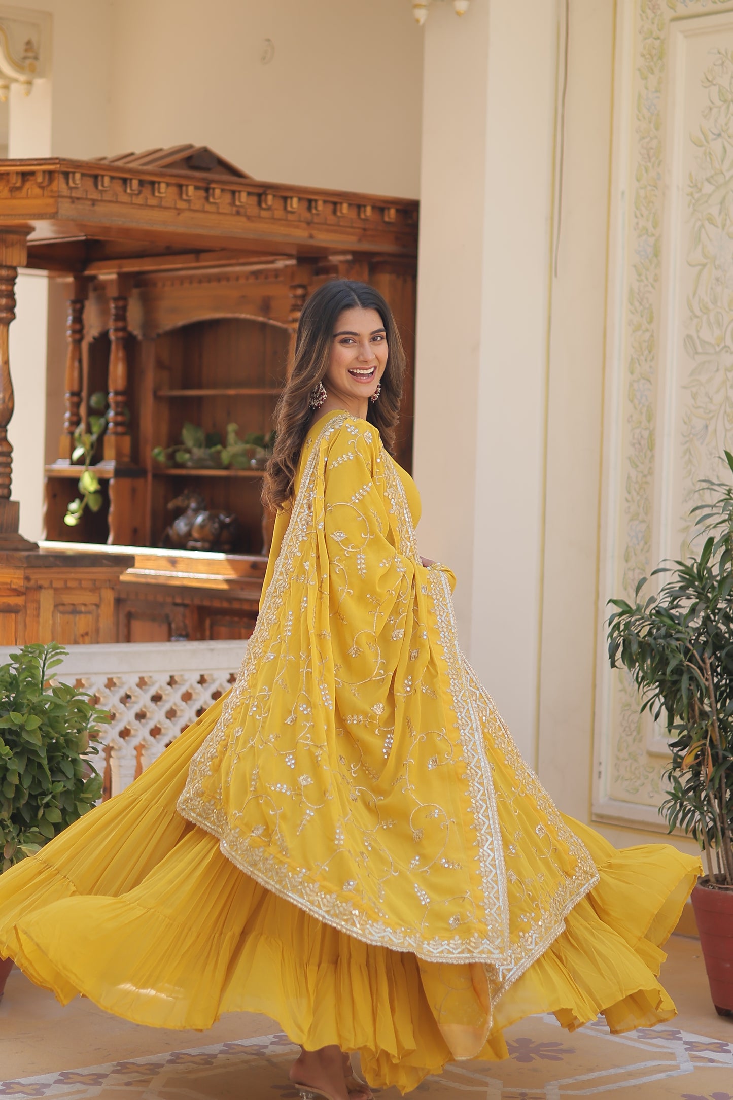 Elegant 5-Layer Frill Faux Georgette Embroidered Gown with Dupatta