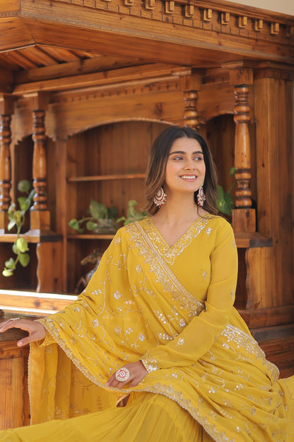Elegant 5-Layer Frill Faux Georgette Embroidered Gown with Dupatta