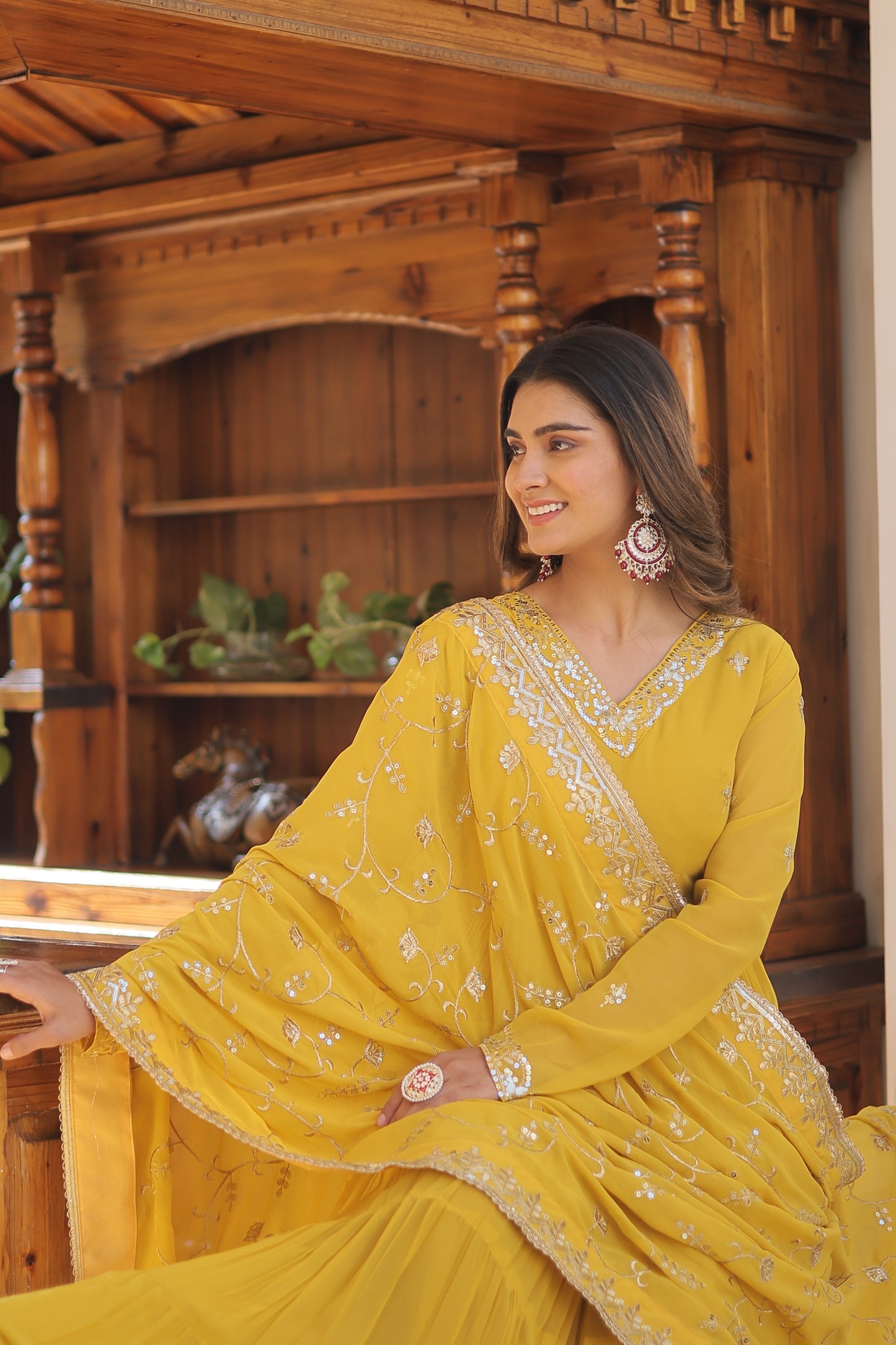 Elegant 5-Layer Frill Faux Georgette Embroidered Gown with Dupatta