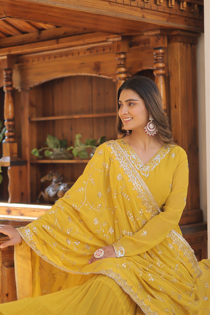 Elegant 5-Layer Frill Faux Georgette Embroidered Gown with Dupatta