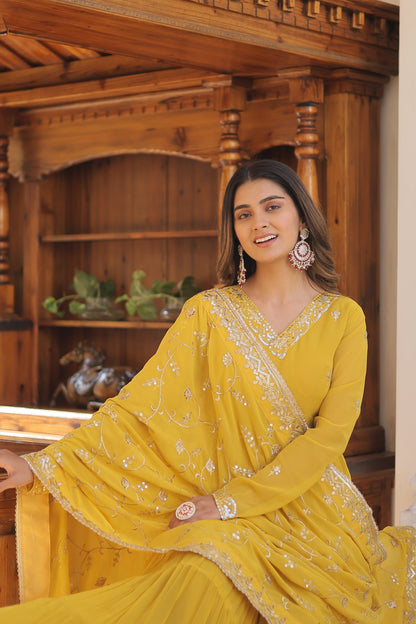 Elegant 5-Layer Frill Faux Georgette Embroidered Gown with Dupatta