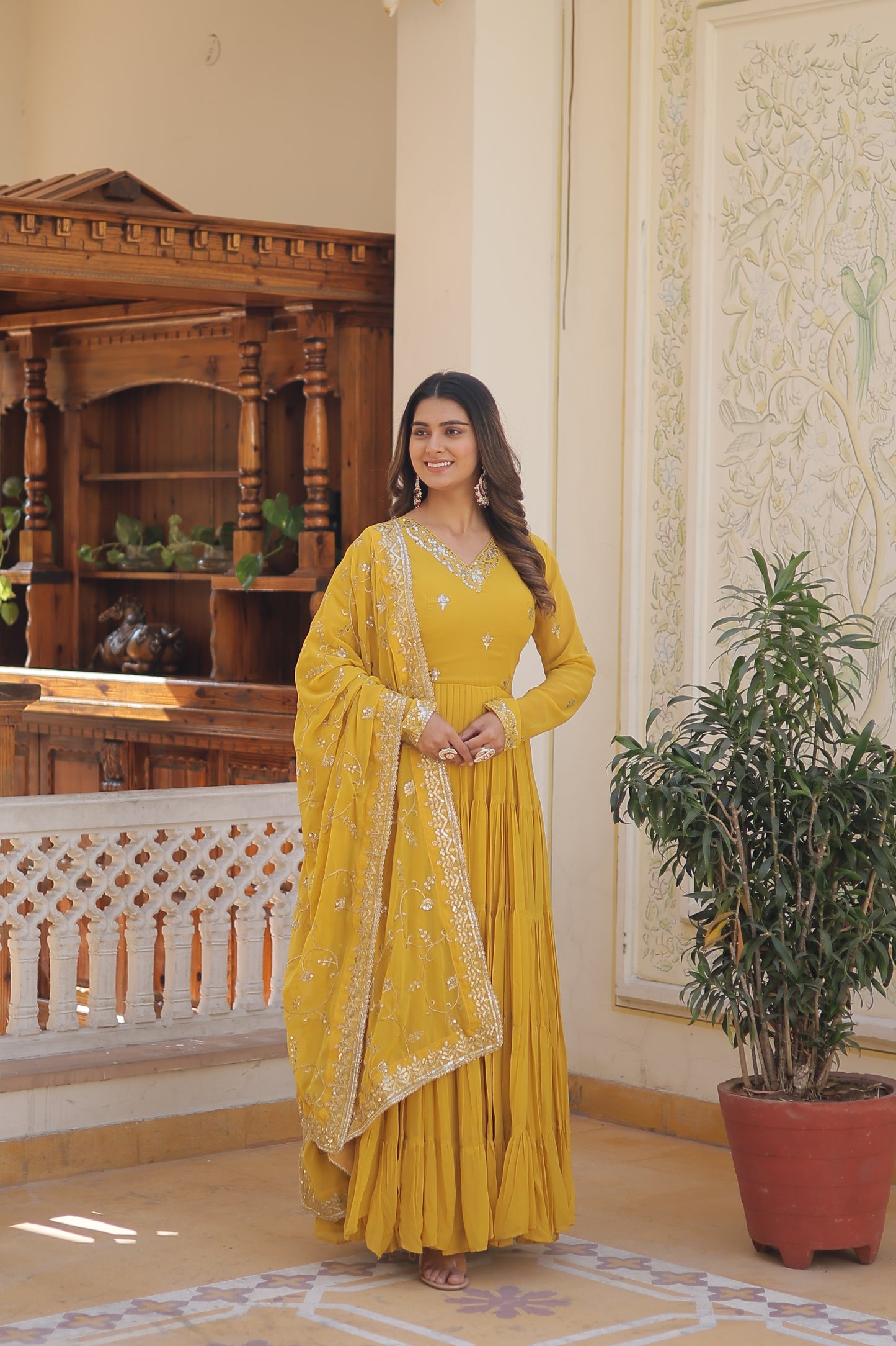 Elegant 5-Layer Frill Faux Georgette Embroidered Gown with Dupatta