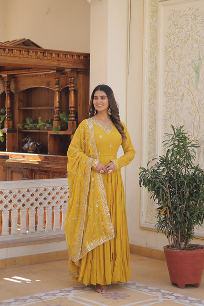 Elegant 5-Layer Frill Faux Georgette Embroidered Gown with Dupatta