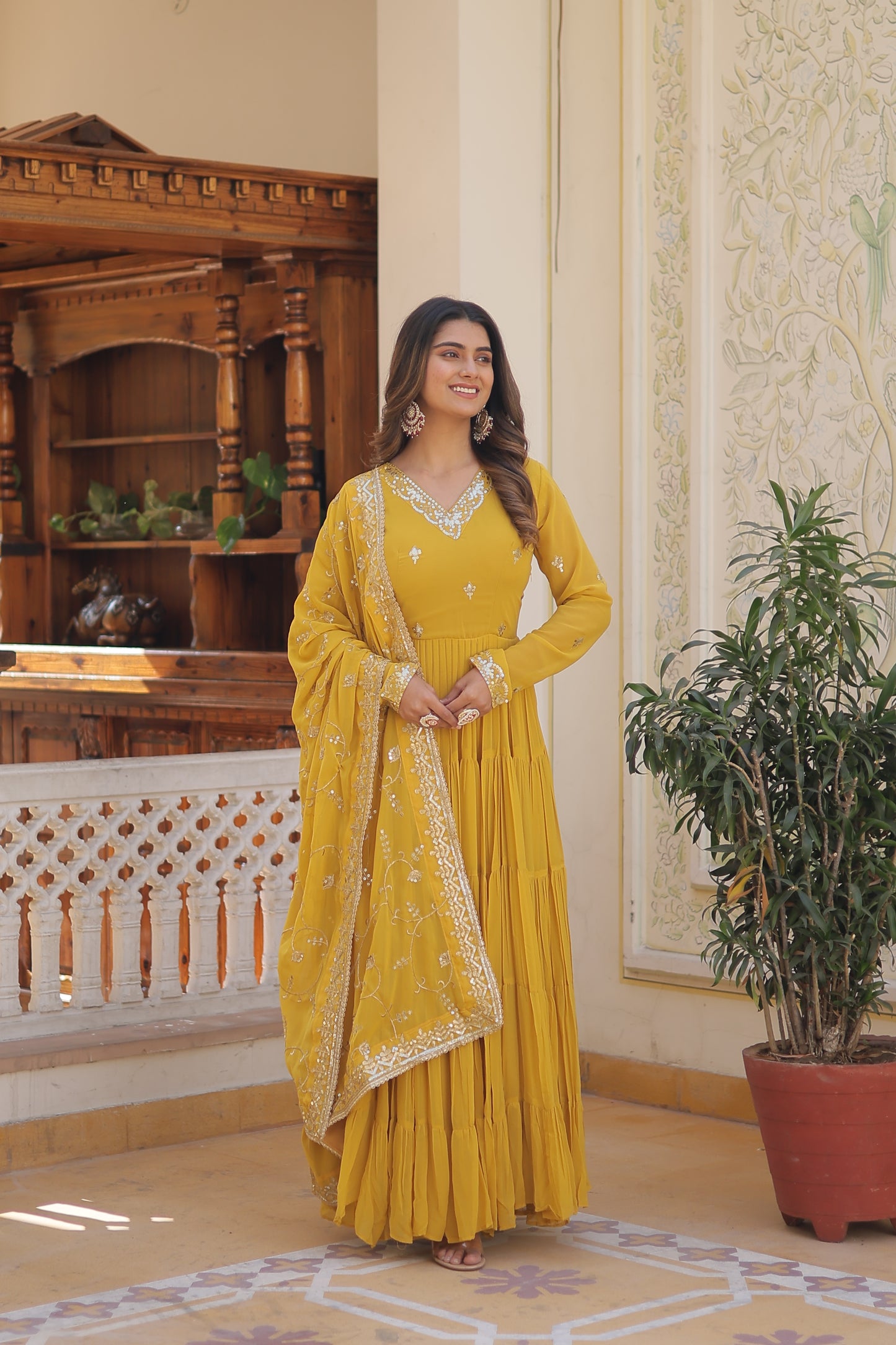 Elegant 5-Layer Frill Faux Georgette Embroidered Gown with Dupatta