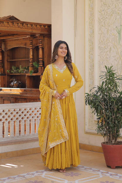 Elegant 5-Layer Frill Faux Georgette Embroidered Gown with Dupatta