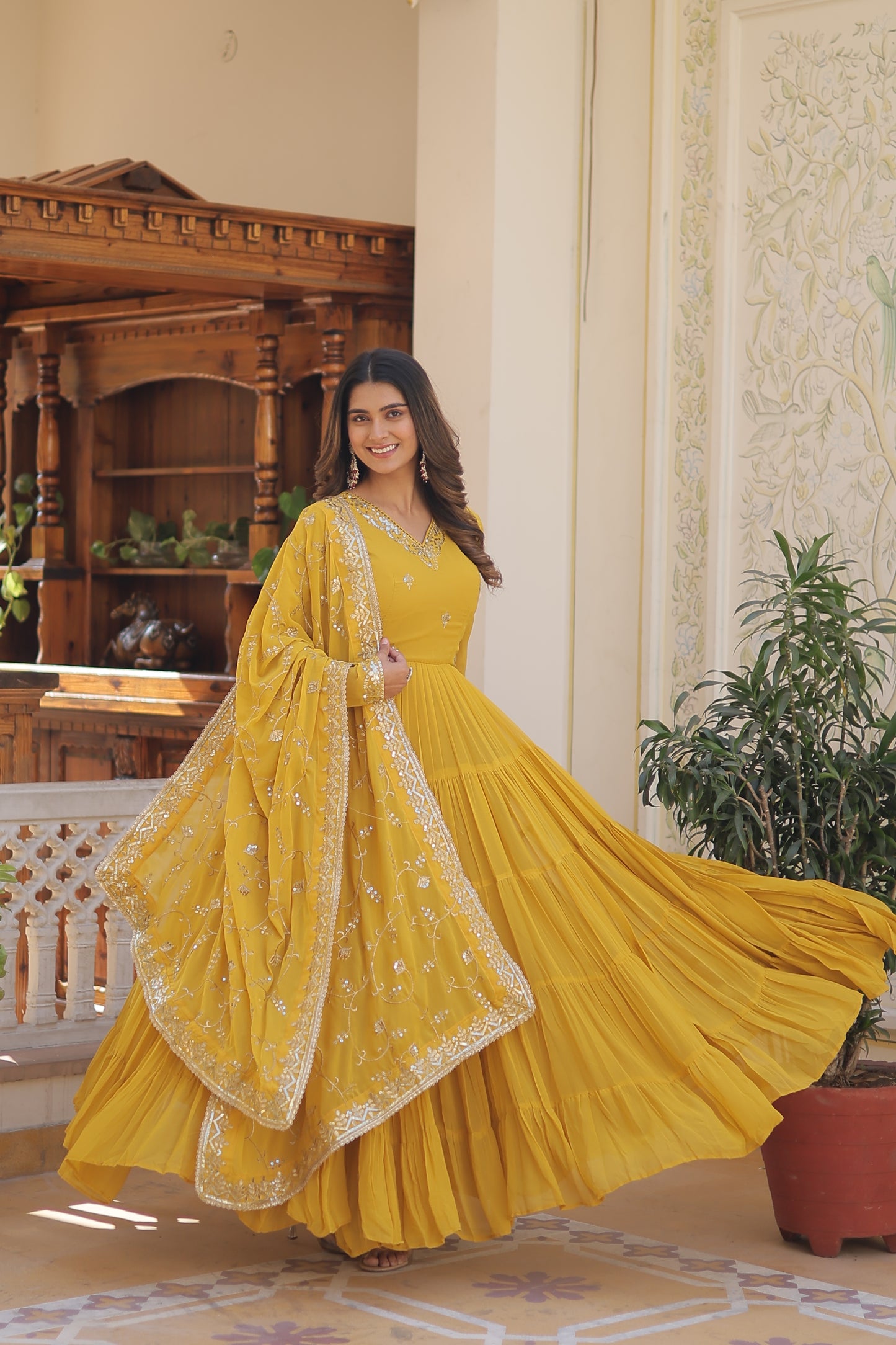 Elegant 5-Layer Frill Faux Georgette Embroidered Gown with Dupatta