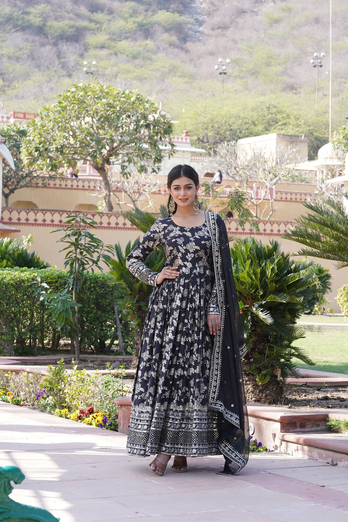 Viscose Jacquard Embroidered Gown with Russian Silk Dupatta