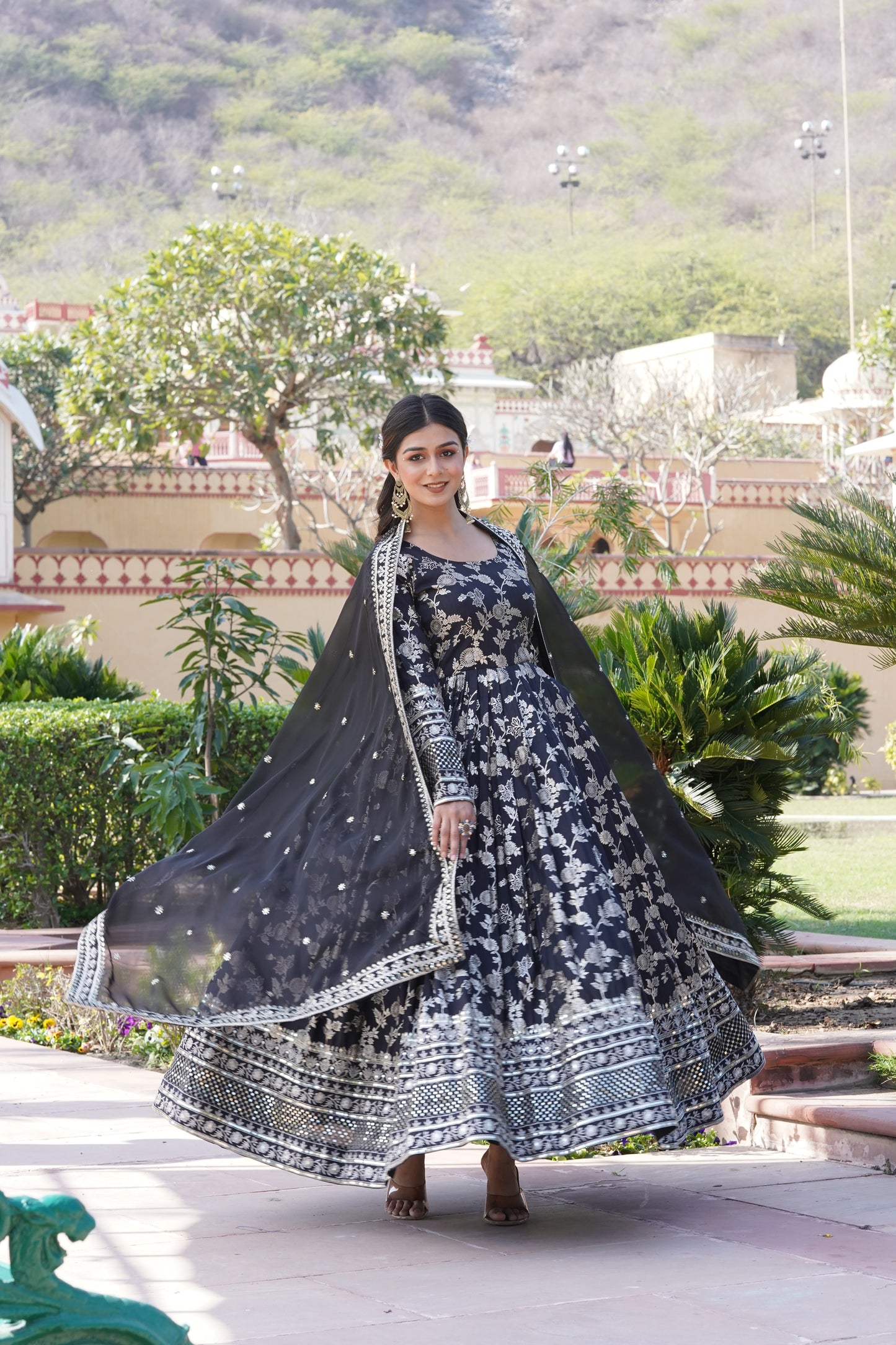 Viscose Jacquard Embroidered Gown with Russian Silk Dupatta