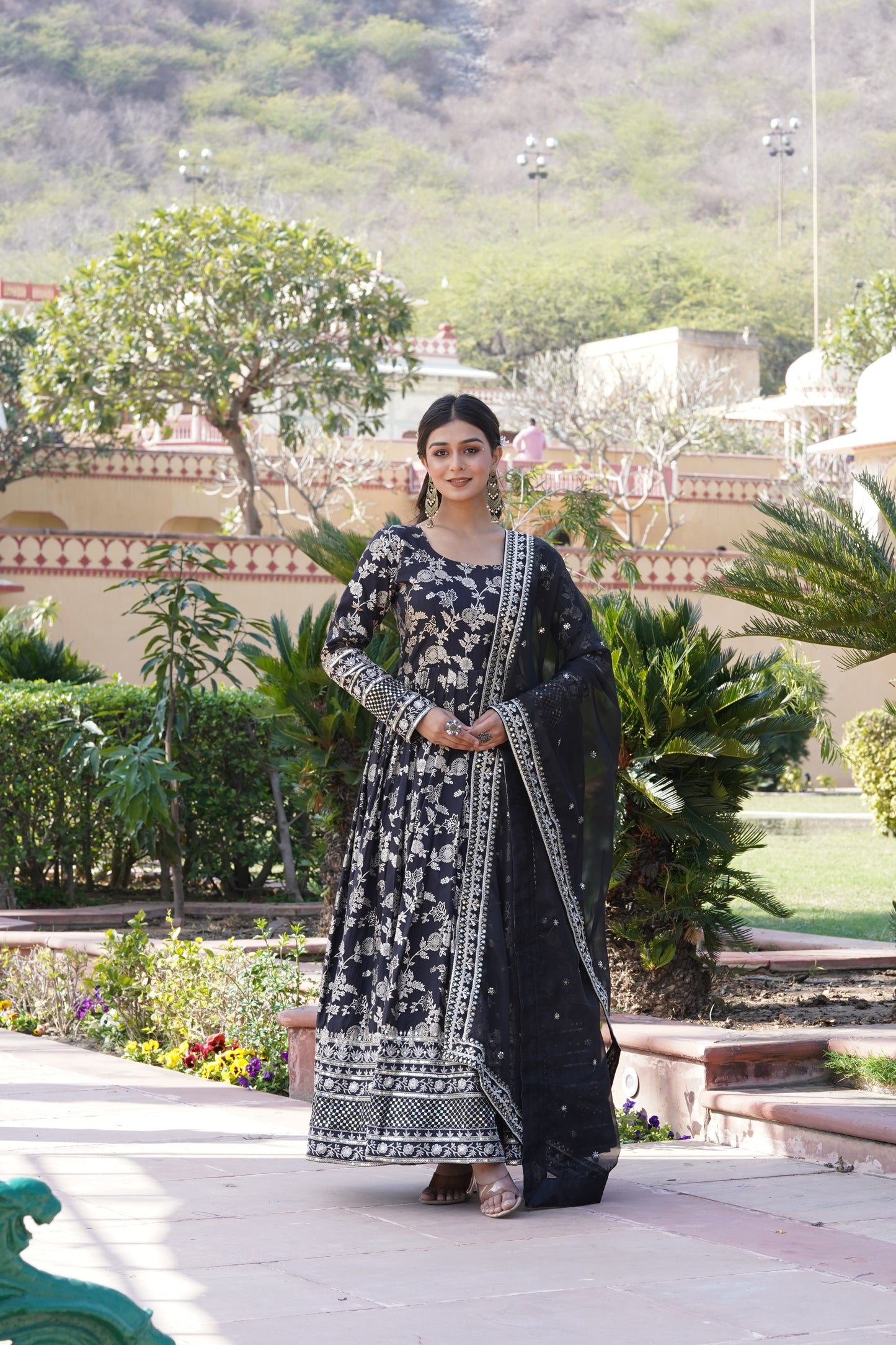 Viscose Jacquard Embroidered Gown with Russian Silk Dupatta