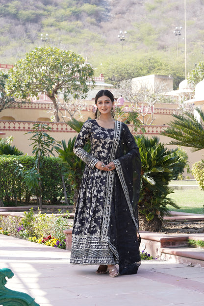 Viscose Jacquard Embroidered Gown with Russian Silk Dupatta