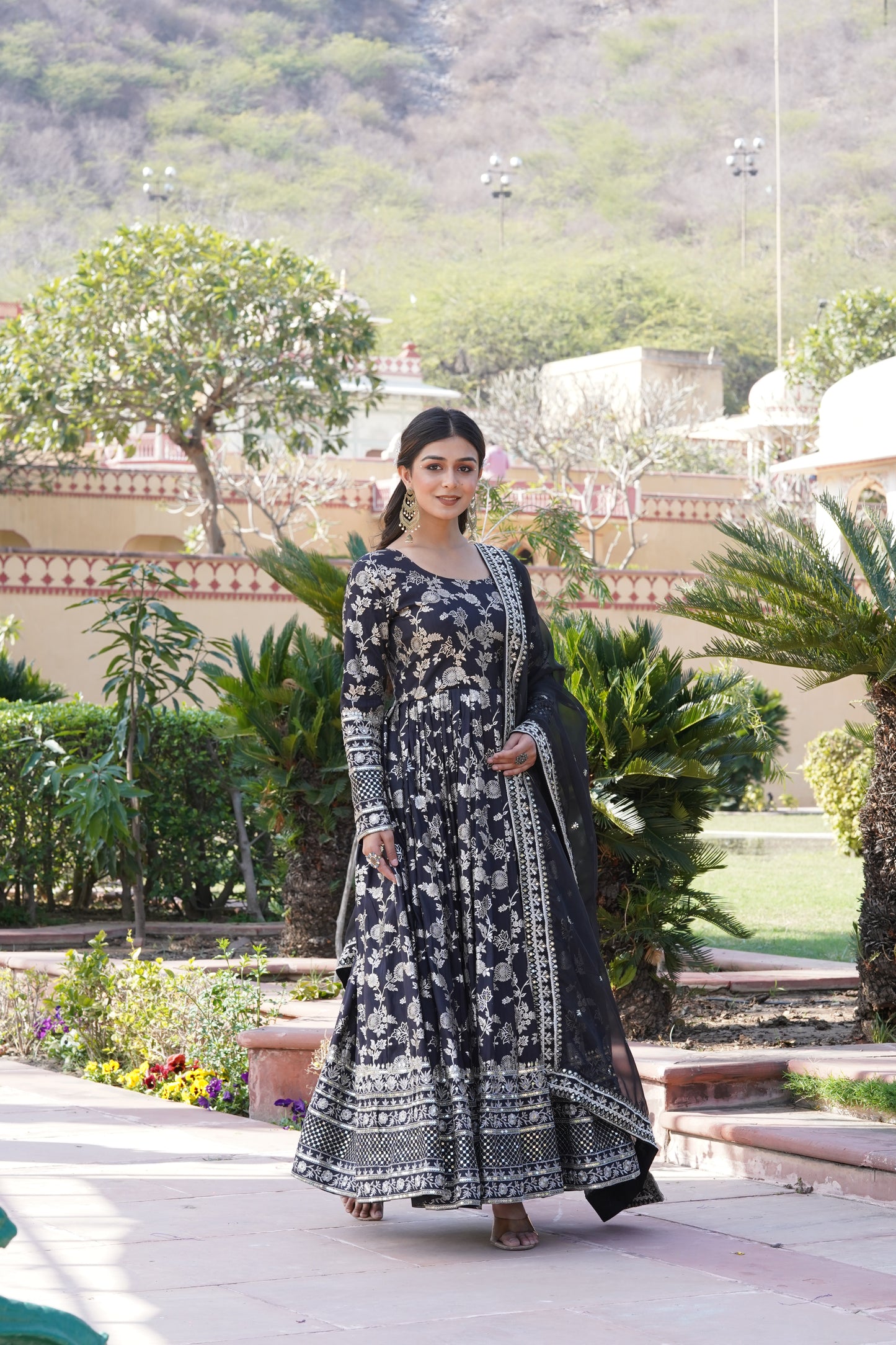Viscose Jacquard Embroidered Gown with Russian Silk Dupatta