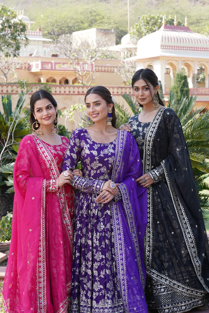 Viscose Jacquard Embroidered Gown with Russian Silk Dupatta