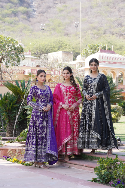Viscose Jacquard Embroidered Gown with Russian Silk Dupatta