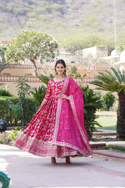 Viscose Jacquard Embroidered Gown with Russian Silk Dupatta