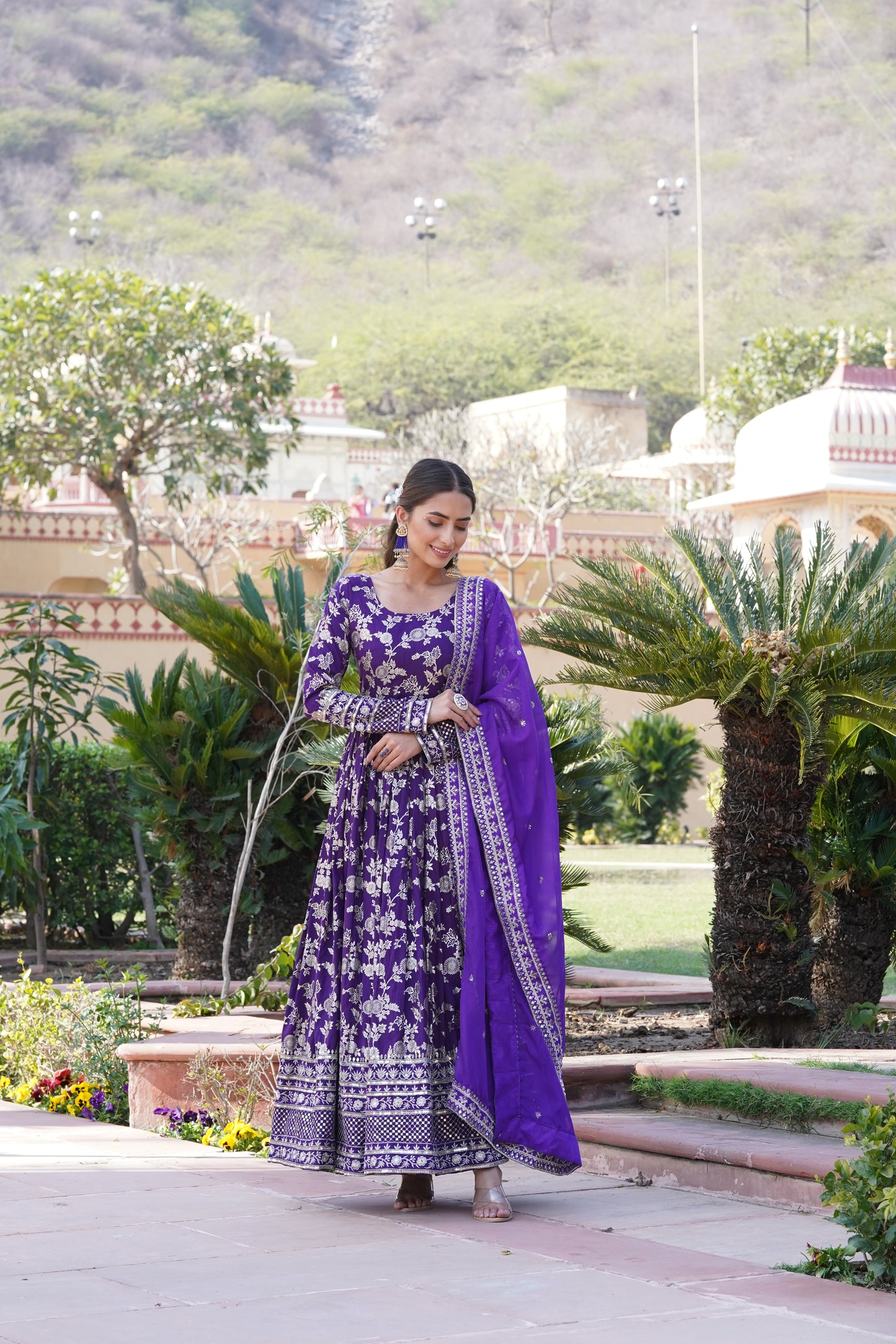 Viscose Jacquard Embroidered Gown with Russian Silk Dupatta