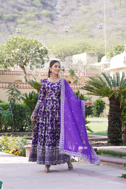 Viscose Jacquard Embroidered Gown with Russian Silk Dupatta