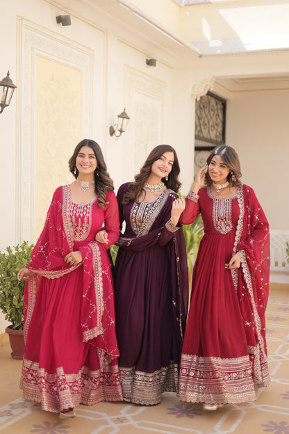 Faux Blooming Sequins Embroidered Gown With Dupatta Set
