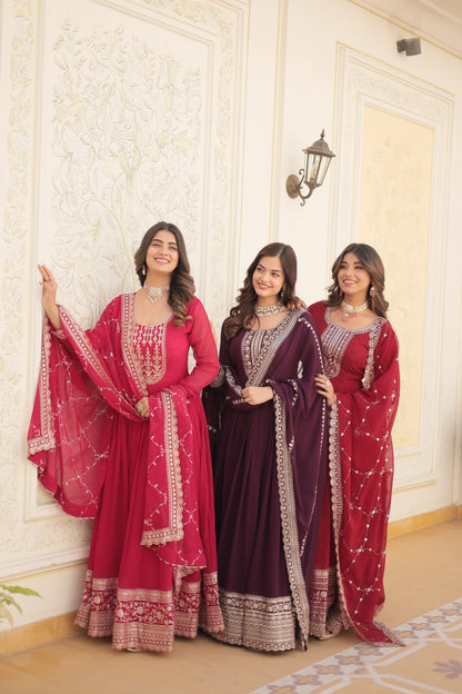 Faux Blooming Sequins Embroidered Gown With Dupatta Set