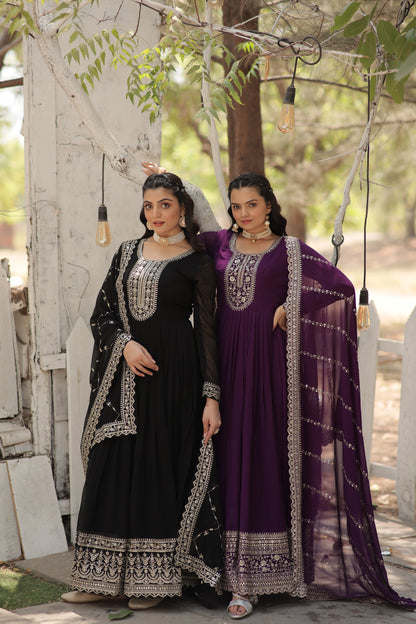 Faux Blooming Sequins Embroidered Gown With Dupatta Set
