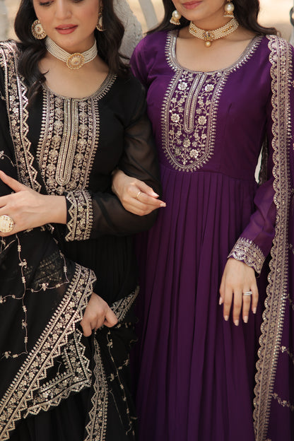 Faux Blooming Sequins Embroidered Gown With Dupatta Set