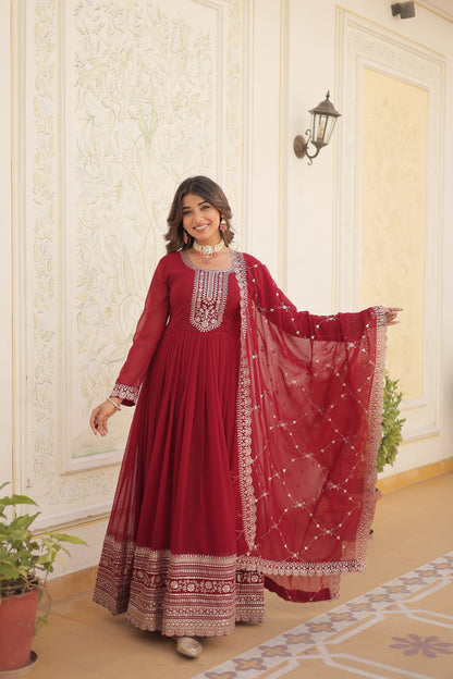 Faux Blooming Sequins Embroidered Gown With Dupatta Set