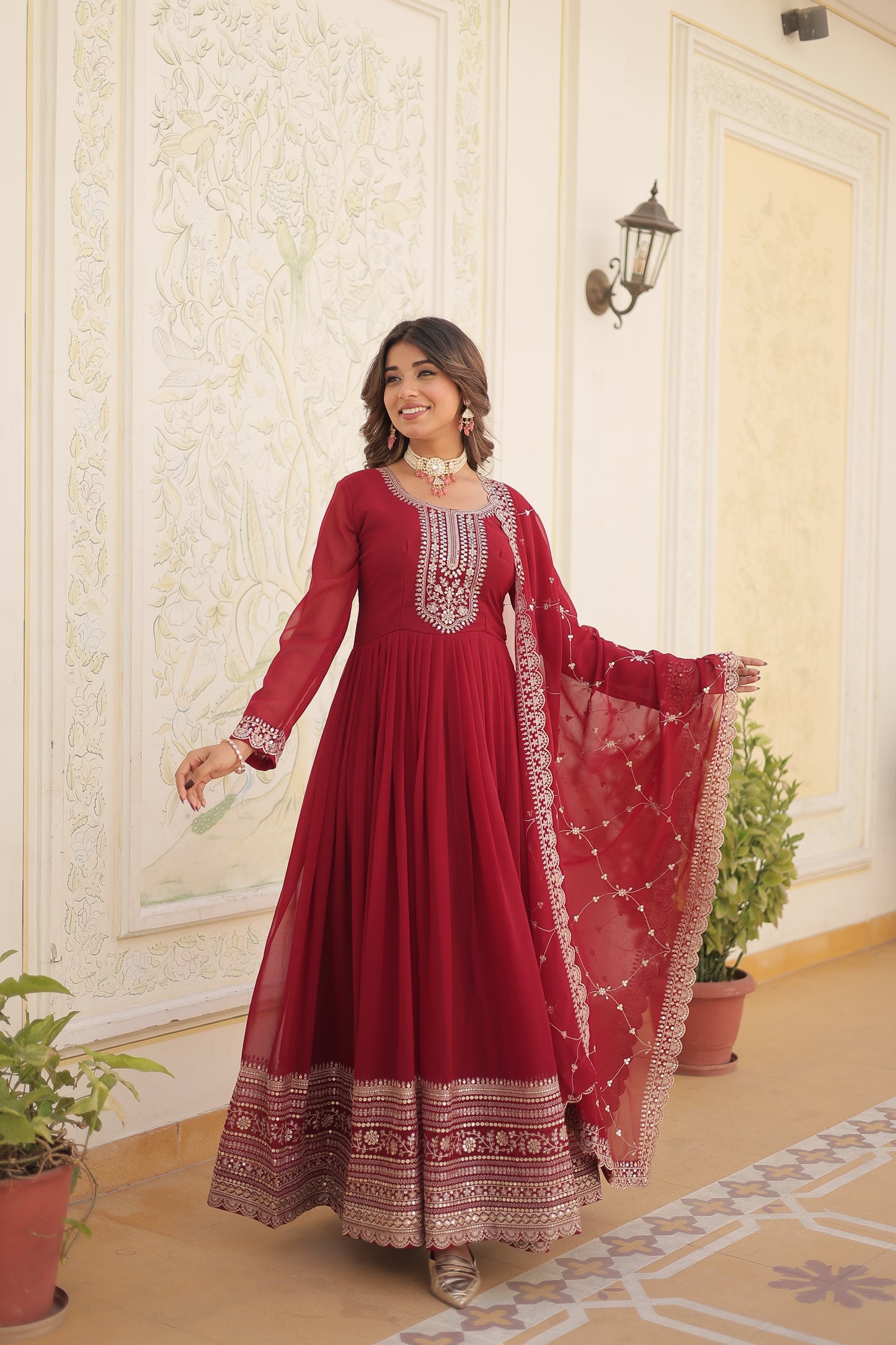 Faux Blooming Sequins Embroidered Gown With Dupatta Set