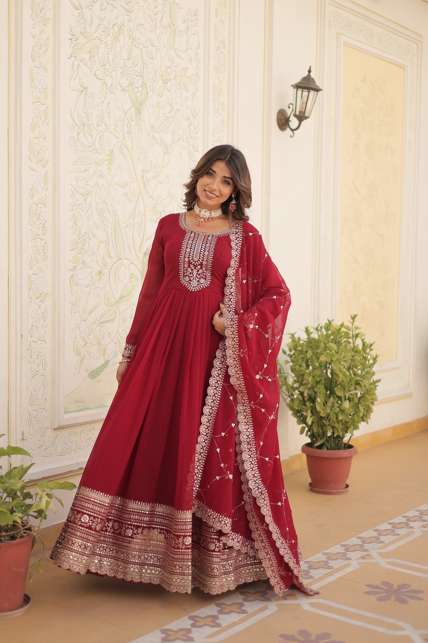 Faux Blooming Sequins Embroidered Gown With Dupatta Set