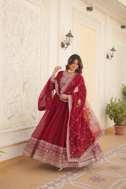 Faux Blooming Sequins Embroidered Gown With Dupatta Set