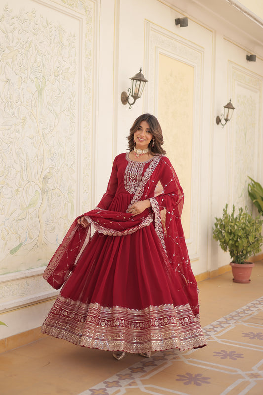 Faux Blooming Sequins Embroidered Gown With Dupatta Set