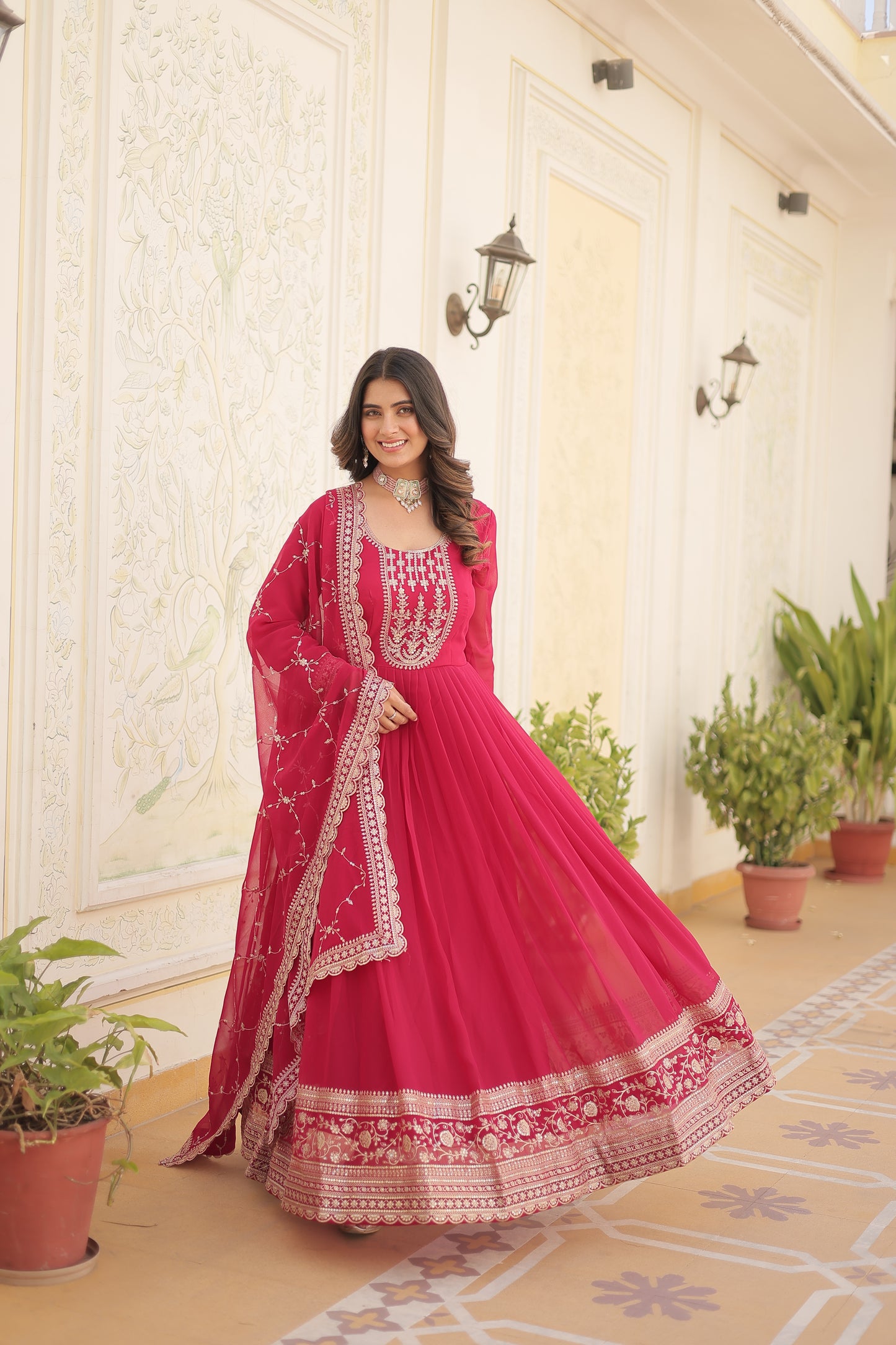 Faux Blooming Sequins Embroidered Gown With Dupatta Set