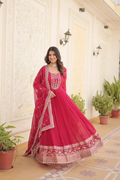 Faux Blooming Sequins Embroidered Gown With Dupatta Set