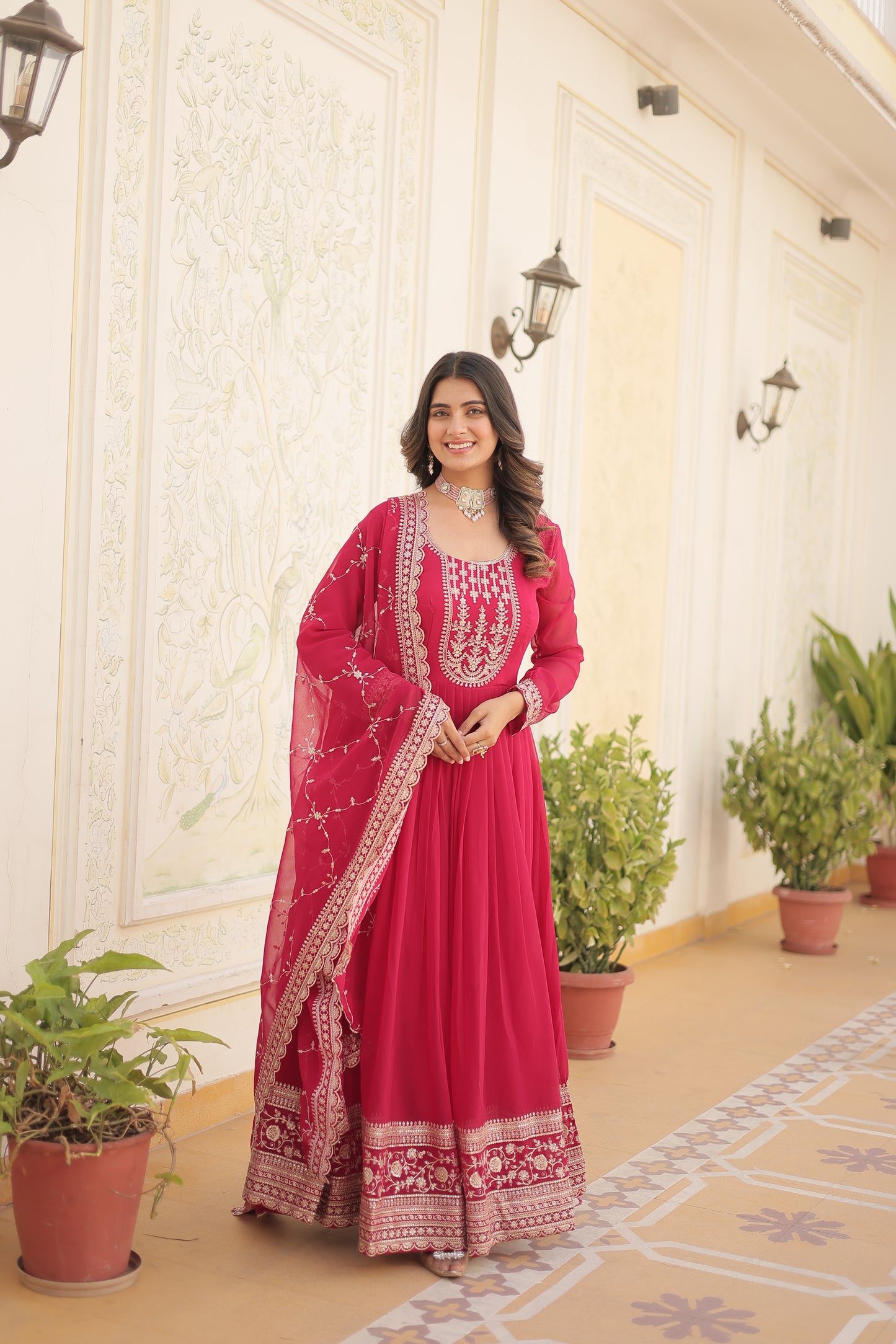Faux Blooming Sequins Embroidered Gown With Dupatta Set