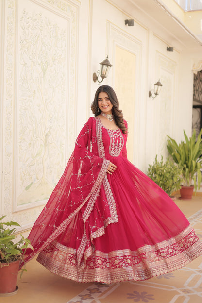 Faux Blooming Sequins Embroidered Gown With Dupatta Set