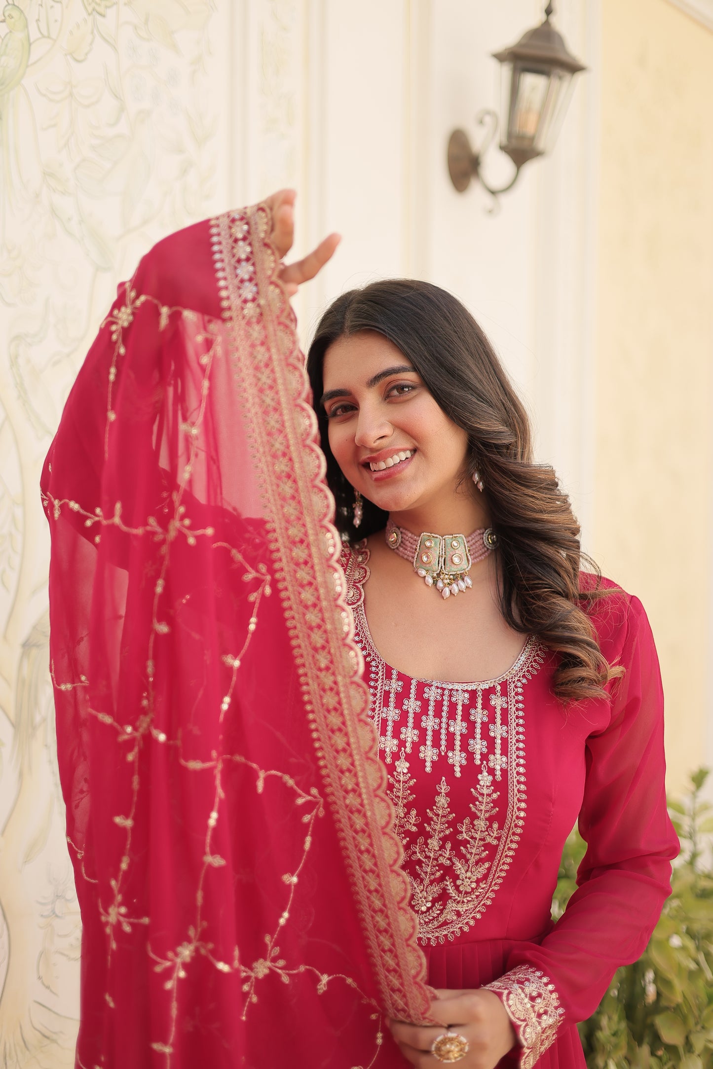 Faux Blooming Sequins Embroidered Gown With Dupatta Set