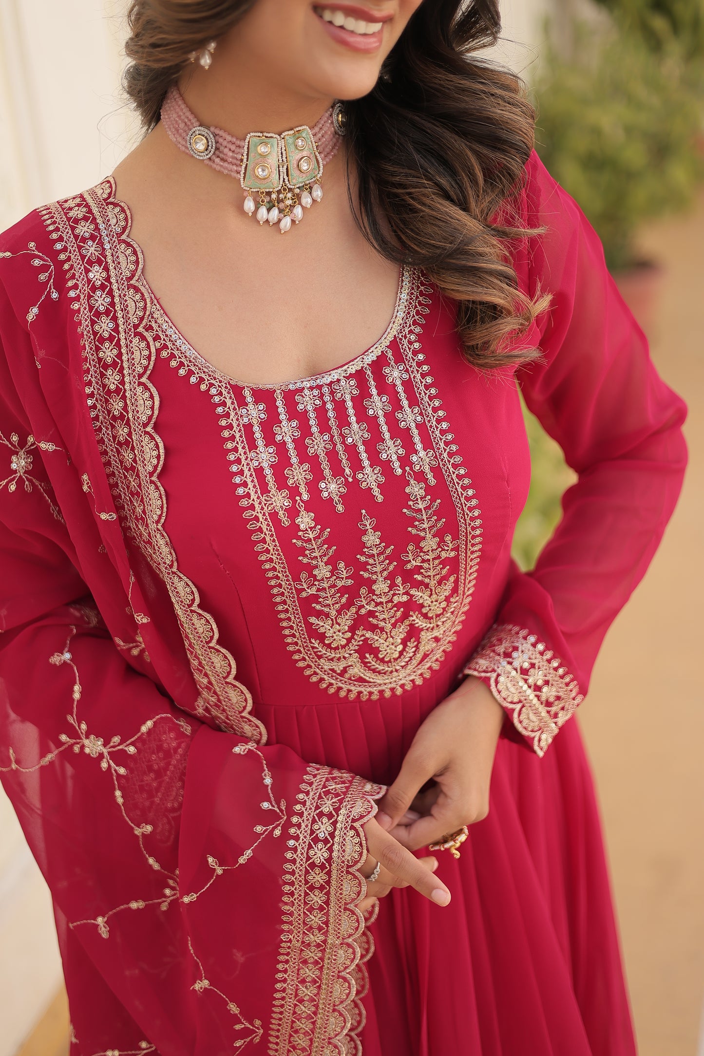 Faux Blooming Sequins Embroidered Gown With Dupatta Set