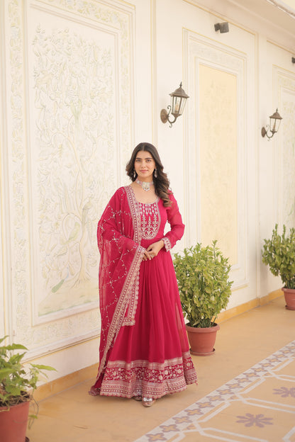 Faux Blooming Sequins Embroidered Gown With Dupatta Set