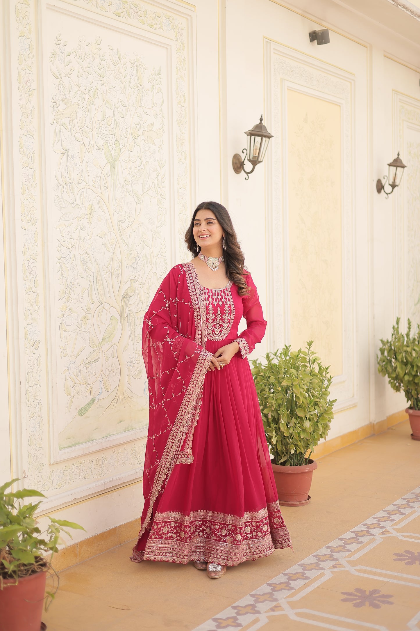 Faux Blooming Sequins Embroidered Gown With Dupatta Set