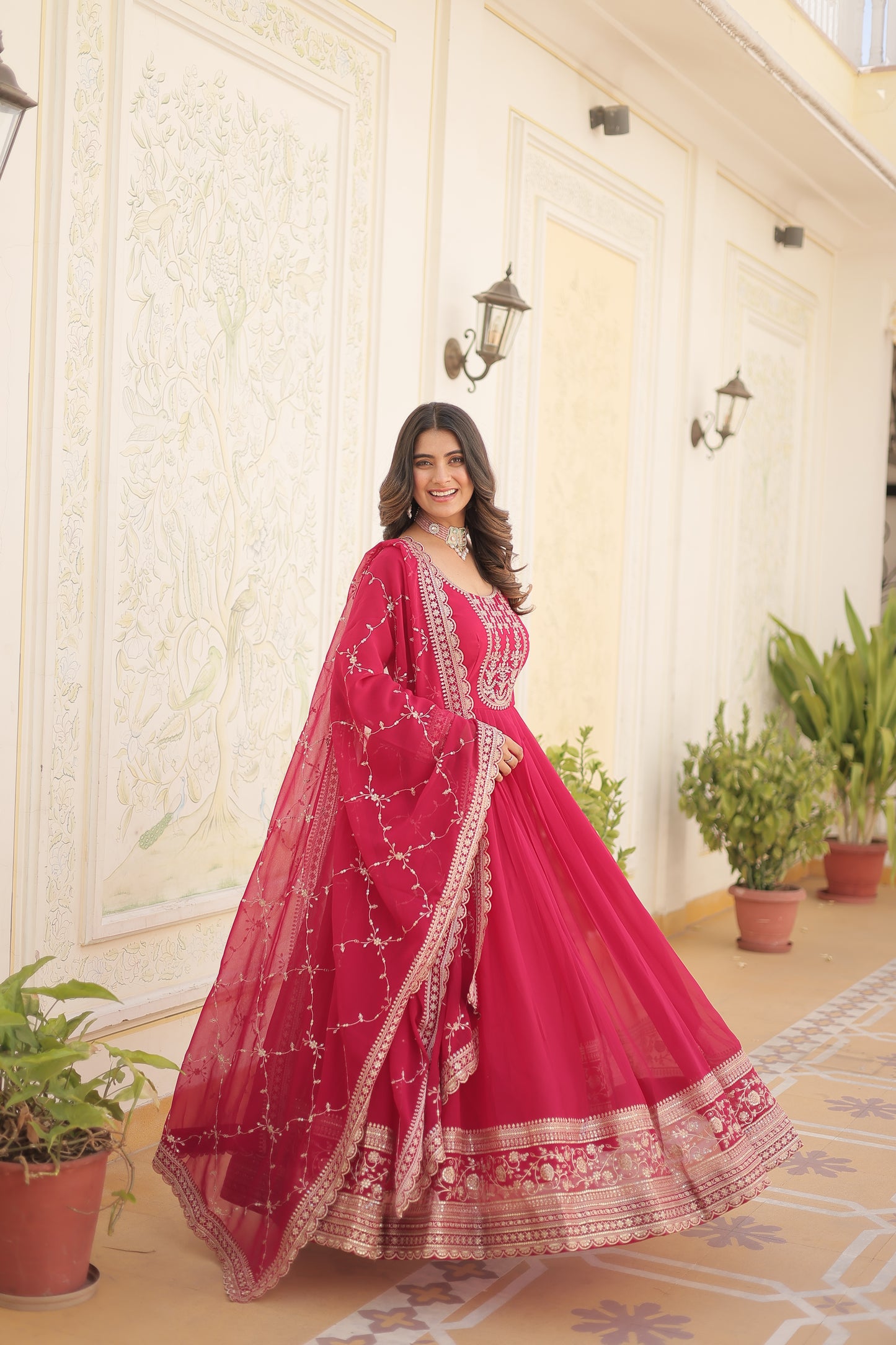 Faux Blooming Sequins Embroidered Gown With Dupatta Set