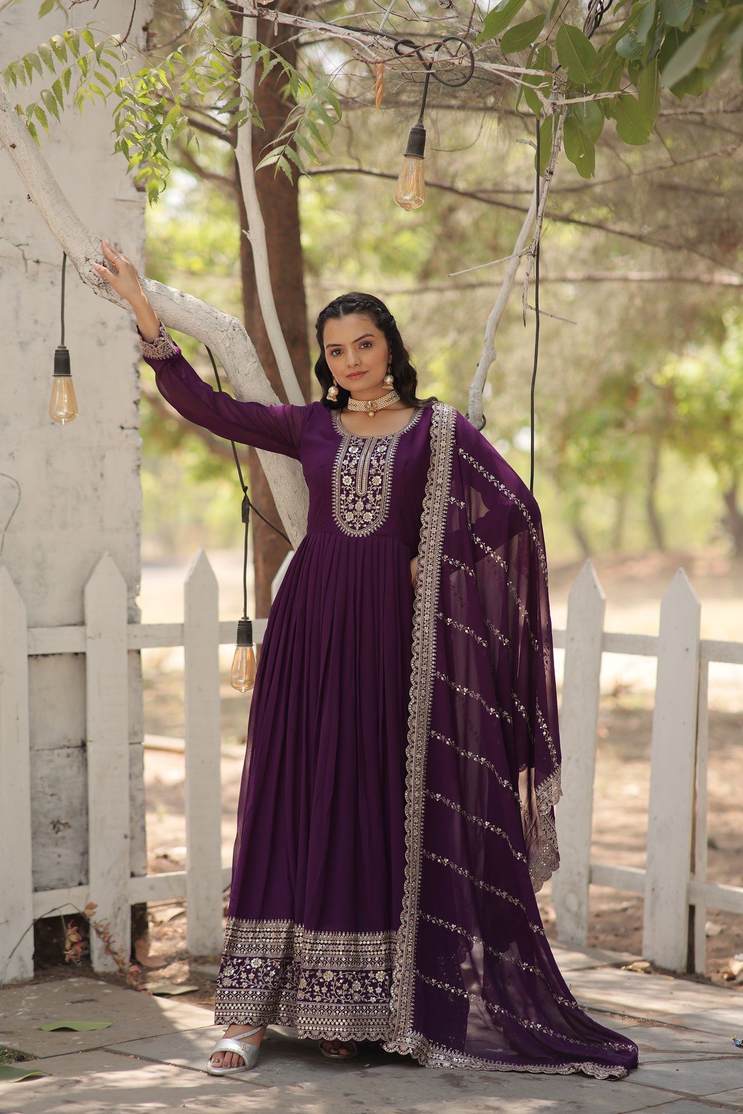Faux Blooming Sequins Embroidered Gown With Dupatta Set