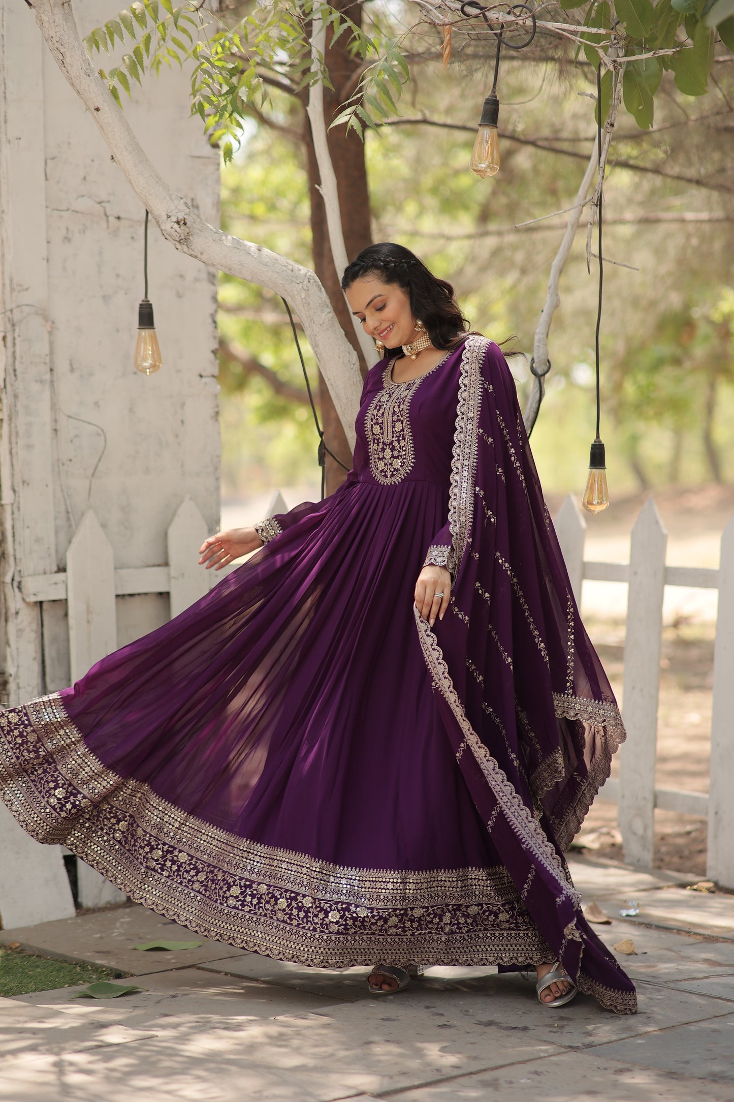 Faux Blooming Sequins Embroidered Gown With Dupatta Set