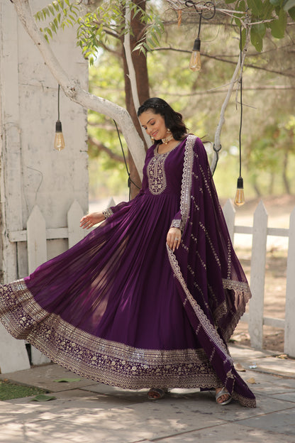 Faux Blooming Sequins Embroidered Gown With Dupatta Set