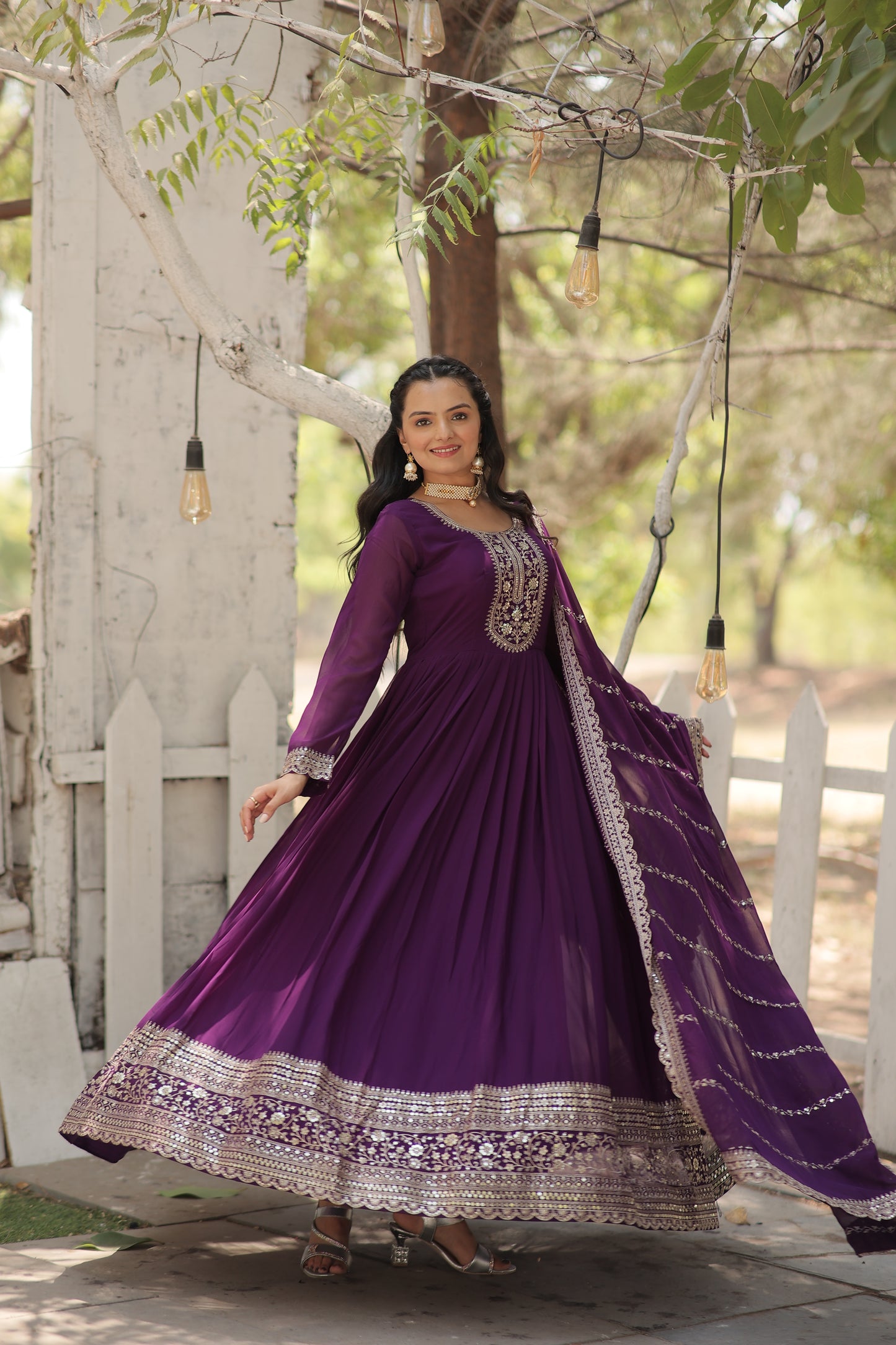 Faux Blooming Sequins Embroidered Gown With Dupatta Set