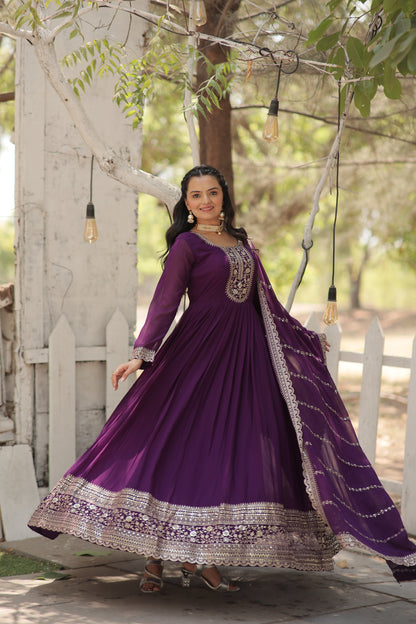 Faux Blooming Sequins Embroidered Gown With Dupatta Set