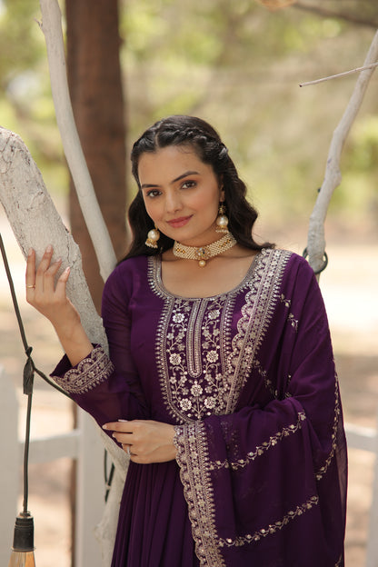 Faux Blooming Sequins Embroidered Gown With Dupatta Set