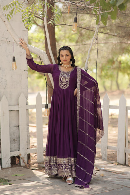 Faux Blooming Sequins Embroidered Gown With Dupatta Set