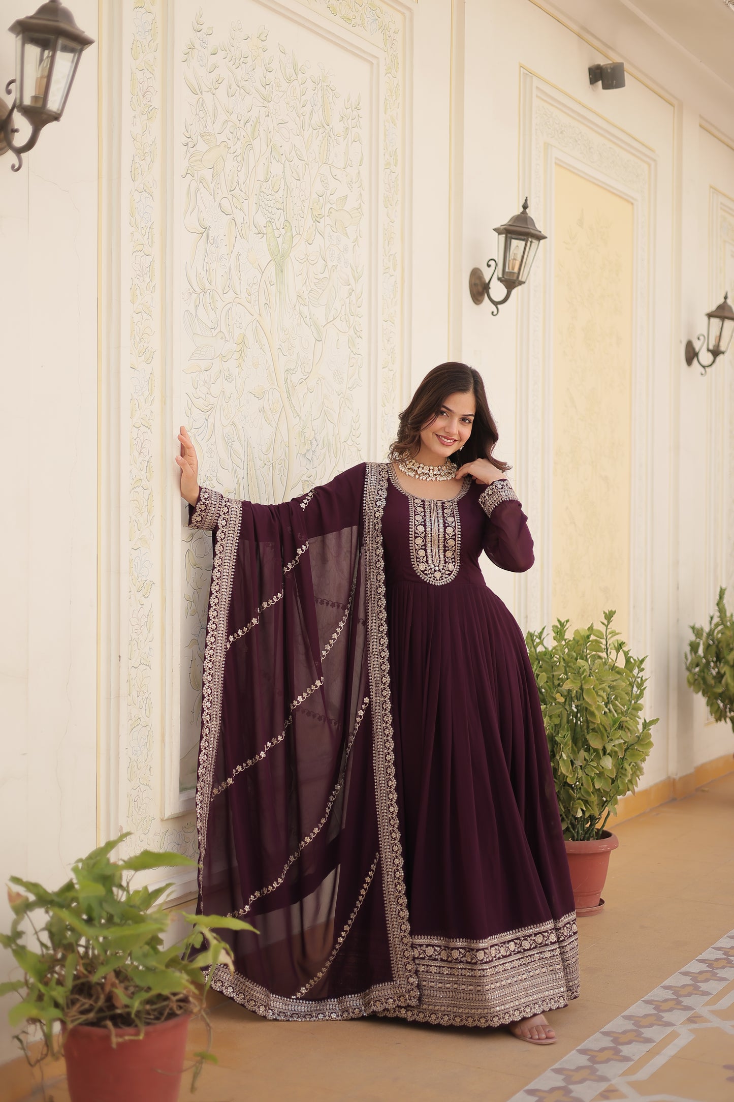Faux Blooming Sequins Embroidered Gown With Dupatta Set