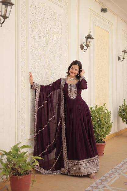 Faux Blooming Sequins Embroidered Gown With Dupatta Set