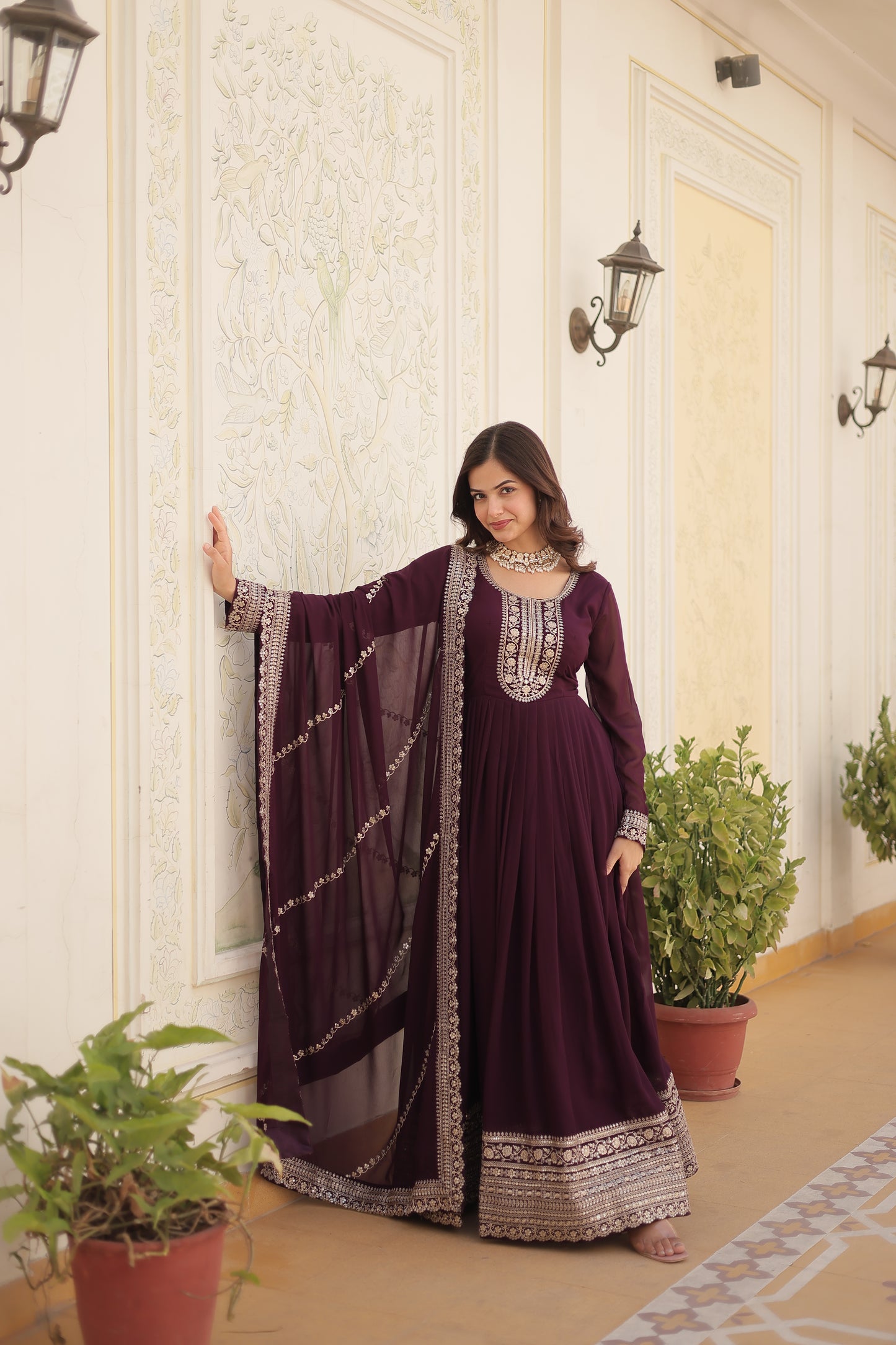 Faux Blooming Sequins Embroidered Gown With Dupatta Set