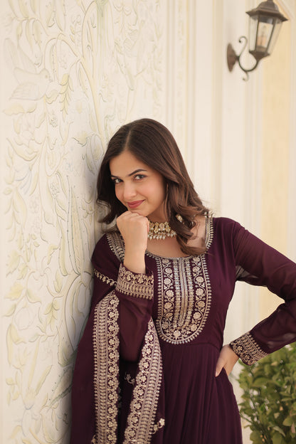 Faux Blooming Sequins Embroidered Gown With Dupatta Set