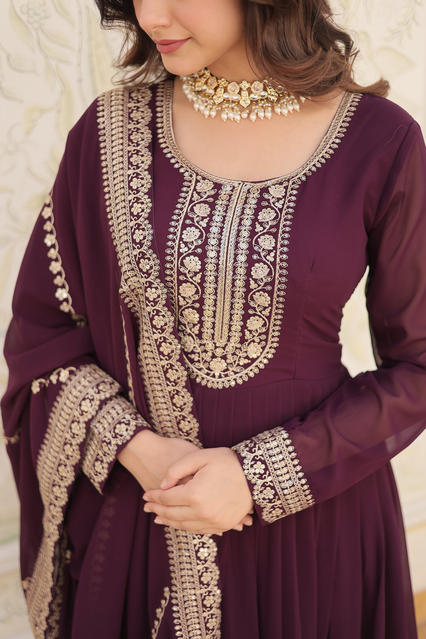 Faux Blooming Sequins Embroidered Gown With Dupatta Set